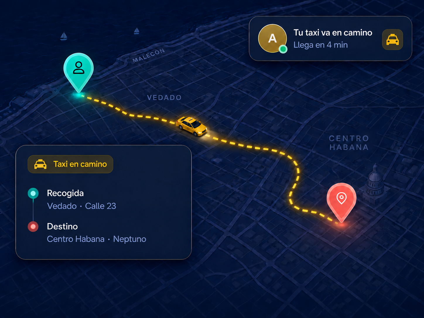 Recorrido de un taxi desde Vedado hasta Centro Habana